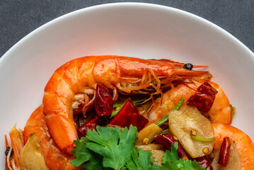 A dish of Chinese home cooking spicy shrimp