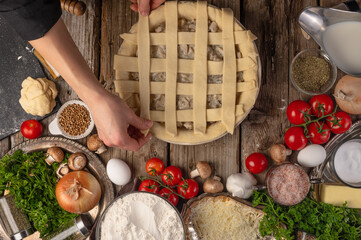 Chef Prepares Pie Dough Top View Cooking Pastry Culinary Recipes Ingredients and recipe book