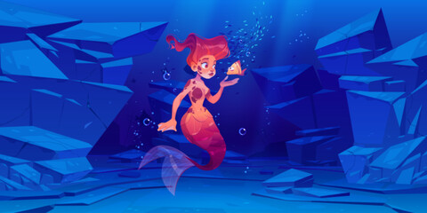 Cute mermaid with little fish underwater in sea - obrazy, fototapety, plakaty