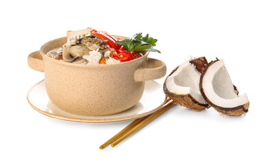 Cooking pot with Thai chicken rice soup on white background