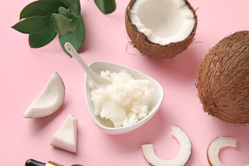 Composition with coconut oil on color background