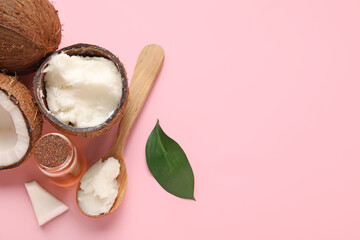 Composition with coconut oil on color background - obrazy, fototapety, plakaty
