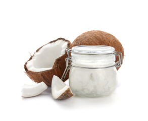 Jar with coconut oil on white background