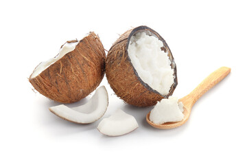 Spoon with coconut oil on white background