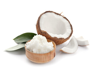 Bowl with coconut oil on white background