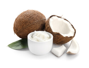 Bowl with coconut oil on white background