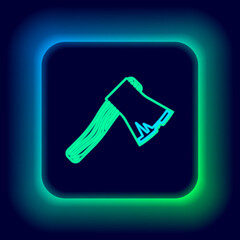 Glowing neon line Old wooden axe icon isolated on black background. Lumberjack axe. Colorful outline concept. Vector
