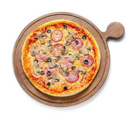 Board with tasty pizza on white background