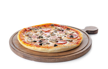 Board with tasty pizza on white background
