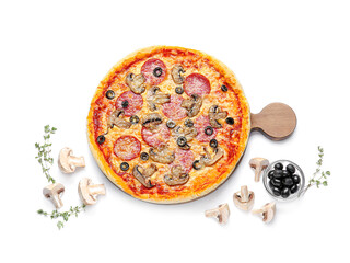 Tasty pizza and ingredients on white background
