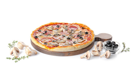 Tasty pizza and ingredients on white background