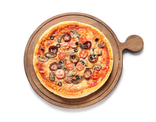 Board with tasty pizza on white background