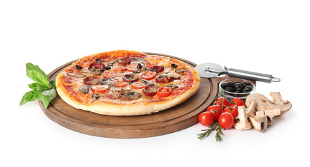 Tasty pizza and ingredients on white background