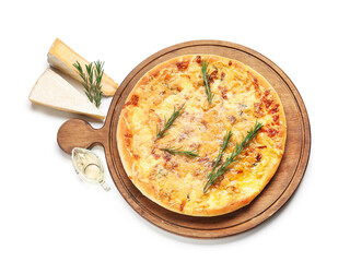 Tasty pizza and ingredients on white background