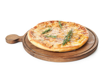 Board with tasty pizza on white background