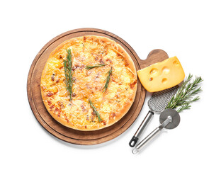 Tasty pizza and ingredients on white background