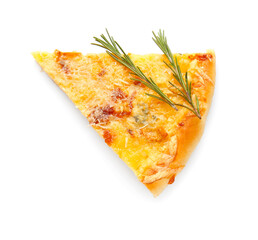 Piece of tasty pizza on white background