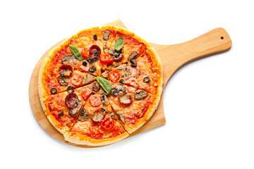 Board with tasty pizza on white background