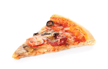 Piece of tasty pizza on white background