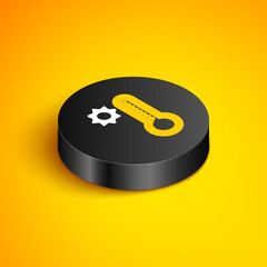 Isometric line Meteorology thermometer measuring heat and cold icon isolated on yellow background. Thermometer equipment showing hot or cold weather. Black circle button. Vector