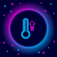 Glowing neon line Meteorology thermometer measuring heat and cold icon isolated on black background. Thermometer equipment showing hot or cold weather. Colorful outline concept. Vector