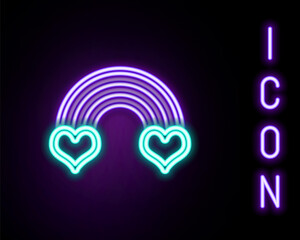 Glowing neon line Rainbow with heart icon isolated on black background. Colorful outline concept. Vector
