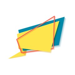 Yellow speech bubble in paper cut art. Memphis style banner with geometric shapes. Colorful sticker with place for promotion text, price tag, sale ad. Papercut badge. Vector card illustration