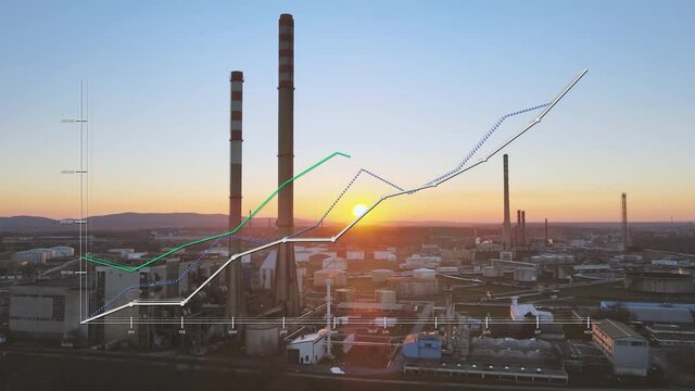 Large oil refinery at sunset with digital overlay of statistic graph with positive course development. Stock market concept industry background.