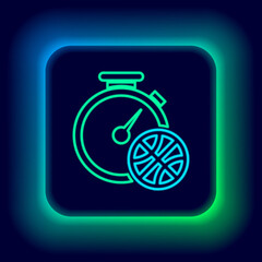 Glowing neon line Clock with basketball ball inside icon isolated on black background. Basketball time. Sport and training. Colorful outline concept. Vector