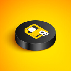 Isometric line Award cup with basketball ball icon isolated on yellow background. Winner trophy symbol. Championship or competition trophy. Black circle button. Vector
