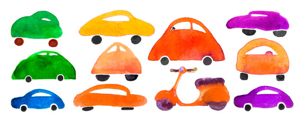 Watercolor set of various children's cars.