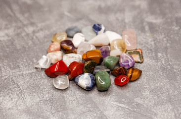 Quartz tower, natural citrine, quartz. Variety of crystals on textured background. Healing crystal...