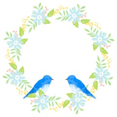 Fototapeta na wymiar 優しいタッチの幸せを運ぶ青い鳥とミモザリースイラスト