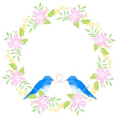 優しいタッチの幸せを運ぶ青い鳥とミモザリースイラスト