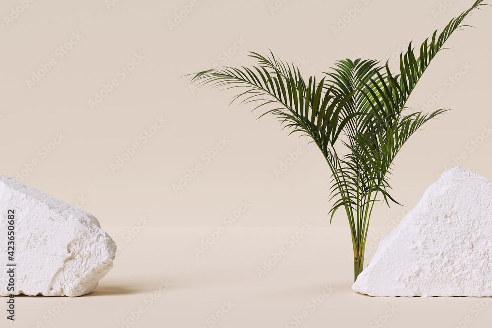 Poster product display background. stone podium, 3d rendering. packaging background with stones and tropica