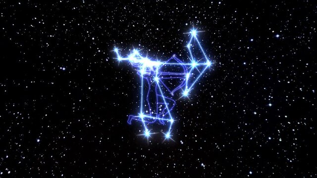 The zodiac sign Sagittarius is a constellation of bright stars connected by luminous lines. Animation of the star sign of the zodiac in the cosmic sky. The symbol of the constellation and horoscope.