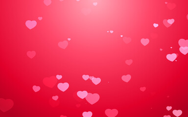 Valentine day pink hearts light on red background.