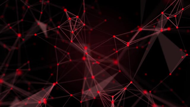 4K digital connection abstract animation dots and lines on red background. 5G network connection structure technology background.