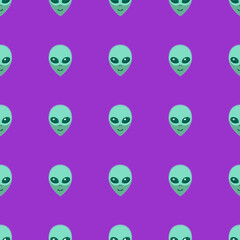 Seamless pattern with Aliens green heads. UFO, Humanoids endless backdrop isolated. Smiling visitors, Martians. Vector illustration, wallpaper on theme of space, conspiracy theory, Sci-fi, fantastic