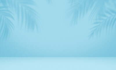 Fototapeta na wymiar Empty palm shadow blue color texture pattern cement wall background.