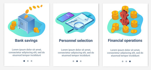 Modern flat illustrations in the form of a slider for web design. A set of UI and UX interfaces for the user interface.Bank savings,recruitment, and financial transactions.
