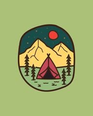outdoor camping with mountain views in mono line art design, badge patch design, T-Shirt design