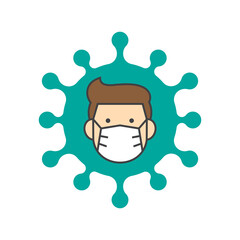 Man face with flu mask icon symbol, Concept for flu sickness and wearing medical mask to prevent the spread of virus germs, Isolated on white background, Vector illustration