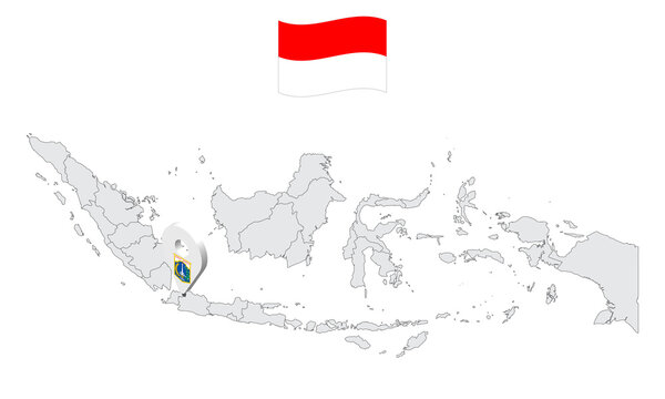 Location of Special Capital Region of Jakarta on map Indonesia. 3d Jakarta flag map marker location pin. Quality map with Provinces of Indonesia for your web site design, app, UI. EPS10.