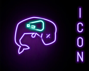Obraz premium Glowing neon line Environment protection concept whale dead icon isolated on black background. Colorful outline concept. Vector
