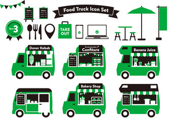 かわいいフードトラック・キッチンカーのイラスト　黒×緑 A