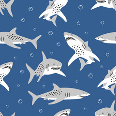Childish seamless pattern with angry shark. Creative texture for fabric, textile