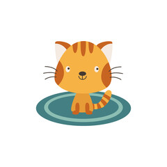 Funny ginger kitten or cat on knitted mat flat vector illustration isolated.