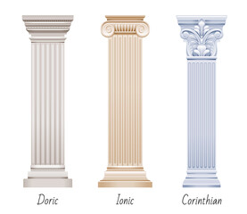Column pillar vector set. Greek or Roman old architecture. Ancient antique classic column from Greece, Rome. White pedestal illustration. Old style design pillar, marble stone isolated sculpture icon.