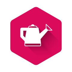 White Watering can icon isolated with long shadow background. Irrigation symbol. Pink hexagon button. Vector